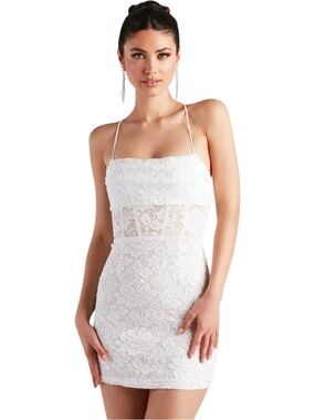 Windsor White Lace Halter Mini Dress Open Back Lace-Up Bodycon NWT Large